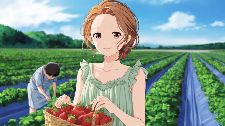 An anime of a young woman with light brown, wavy hair, standing in a vibrant strawberry field on a sunny day. 