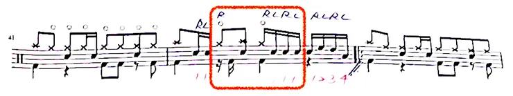 除了在Hi-hat與Crash交替的右手，更是圈起來處的大鼓踩踏鬆開與重新踩踏的交換點