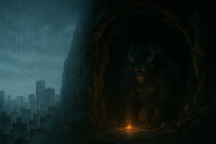 雨幕吞沒東京，而洞口的火光仍然搖曳。巨獸靜坐在此，準備把少年的心跳與天空的低語，記錄成一場長談。