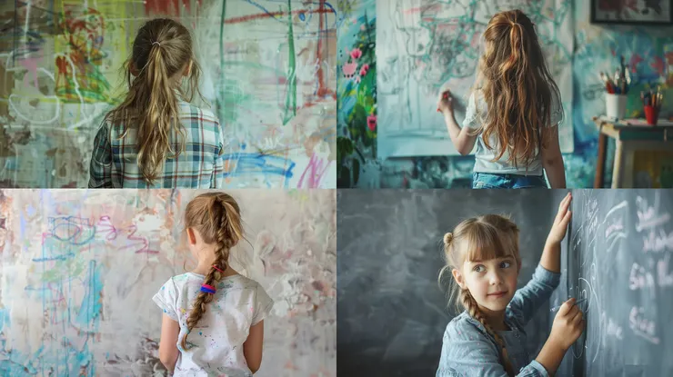 a 10-year-old girl drawing on the wall, waist shot, --ar 16:9