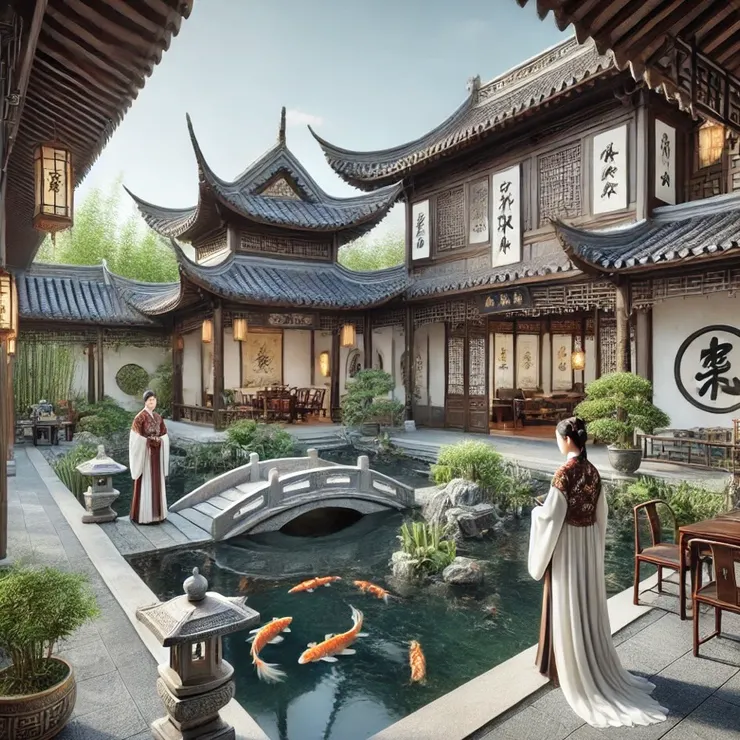 ChatGPT繪製出的元辰宮外觀意象圖。融合傳統庭院、飛檐翹角、雕花窗櫺，以及優雅園林元素。
