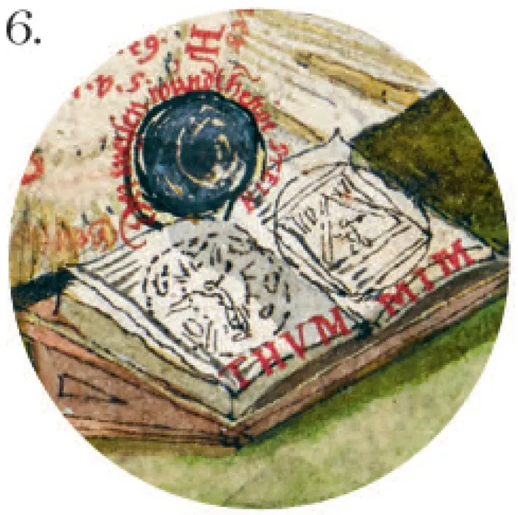 6.	賢者之石和書本——一塊深色的賢者之石上標有「行使奇蹟的智者之石」，下方的書本中有基督和雌雄同體的亞當圖畫。