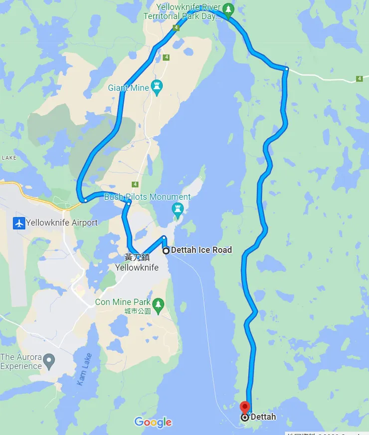 白線顯示横越大奴湖連結黃刀鎮和 Dettah 的冰路