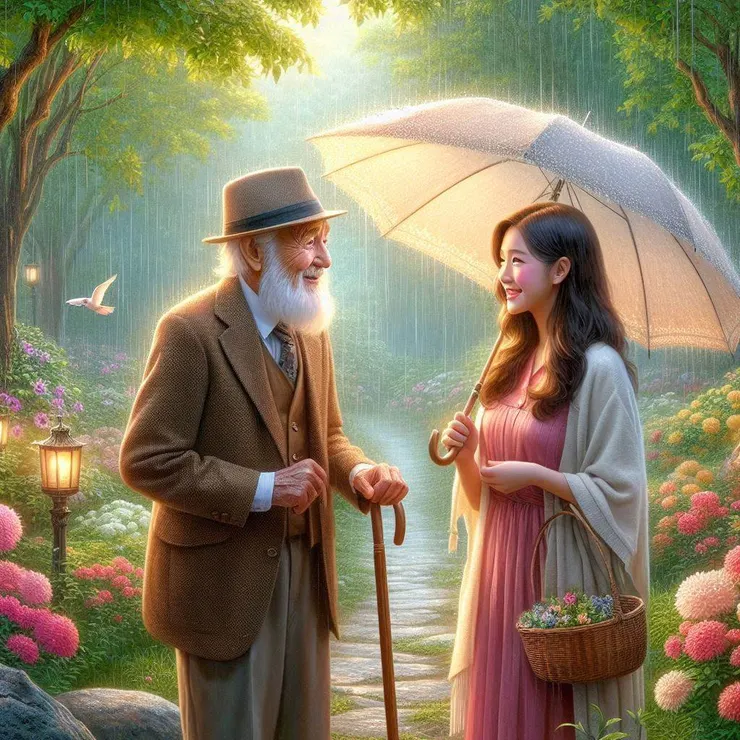 雨中相遇(老紳士與小姐)-ai繪圖