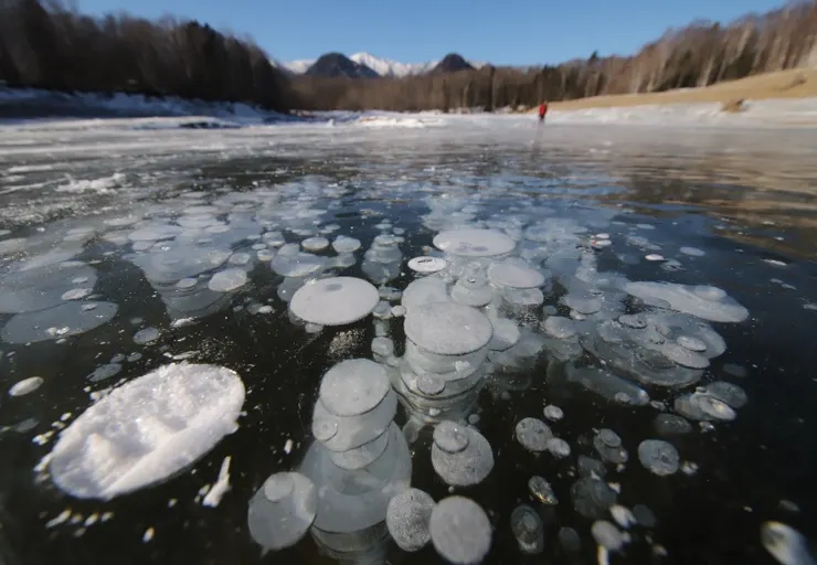 在湖面的結冰層中的泡泡冰(アイスバブル/Ice Bubble)/照片來源:網頁資訊