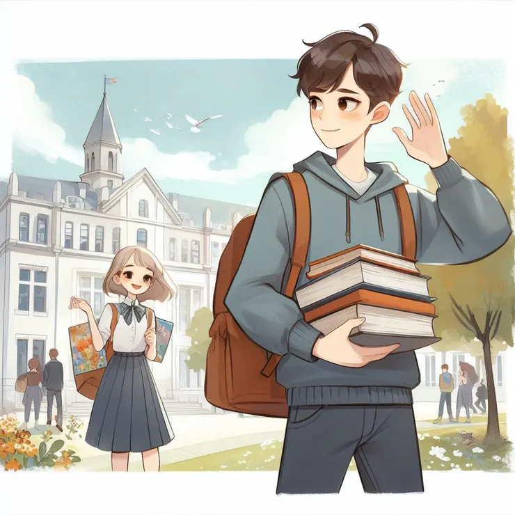 一個偶然的相遇，他們在校園的圖書館前撞了個滿懷。凱文手上拿著一疊數學書籍，美玲則抱著一幅剛畫好的畫作。