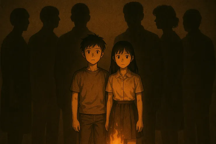 少年少女的眼神裡燃著火，大人背後的陰影卻冷冷逼近。這是愛與秩序的對照，也是兩種呼吸的衝突。