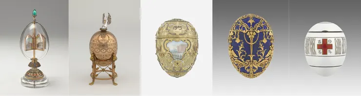 維吉尼亞美術館典藏的五枚法貝熱帝國彩蛋。由左至右依序為Revolving Miniatures Egg、Pelican Egg、Peter the Great Egg、Czarevitch Egg、 Red Cross Egg (Courtesy of VMFA)