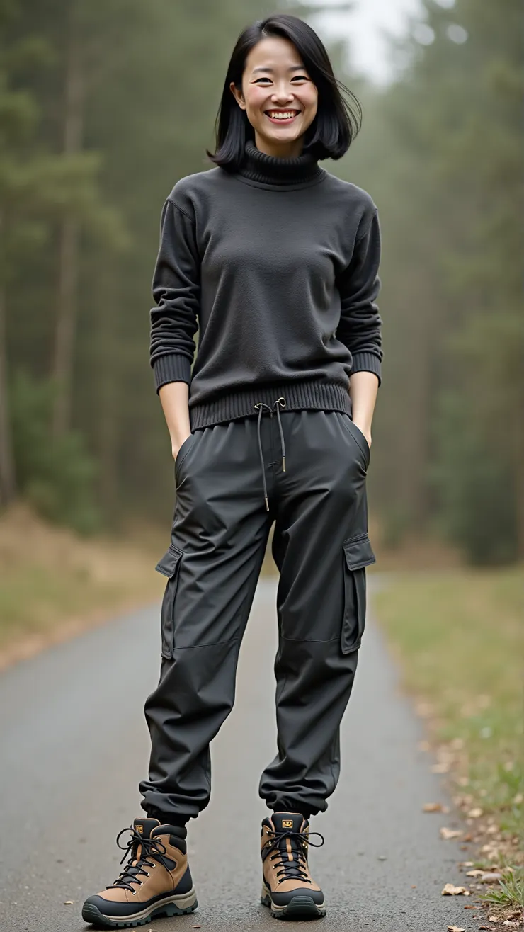High-neck thermal top, jogger pants, mid-ankle hiking boots