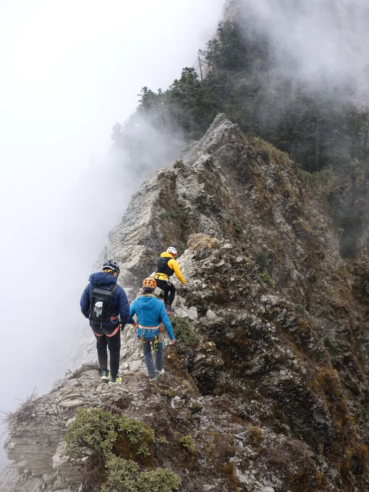 我和張元植、古塵流-山頂狼、周青 Chou-Ching一起到恐龍塔踏勘路線的場景。  有幸能和這些大神們一起努力，這不是巔峰，什麼是巔峰？