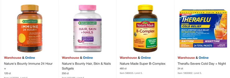 Nature's Bounty加強免疫錠$17.99、美容錠$15.99,Nature Made B群$18.99,Theraflu沖泡式感冒藥$20.99。
