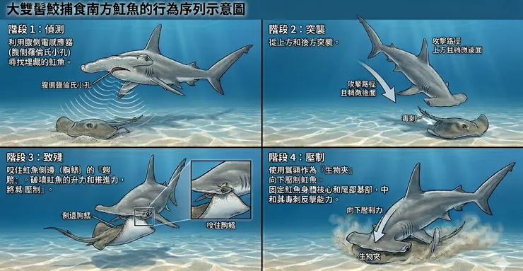 大雙髻鯊攻擊南方魟魚的過程示意圖