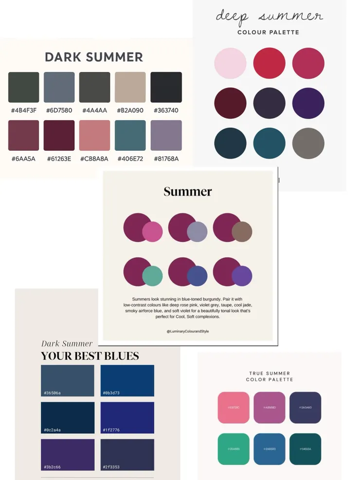 若按照傳統的「個人色彩」路徑，深夏人諮詢後：通常會得到這樣的配色色卡。