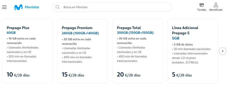 Movistar預付卡方案(僅供參考，以網站公告為準)