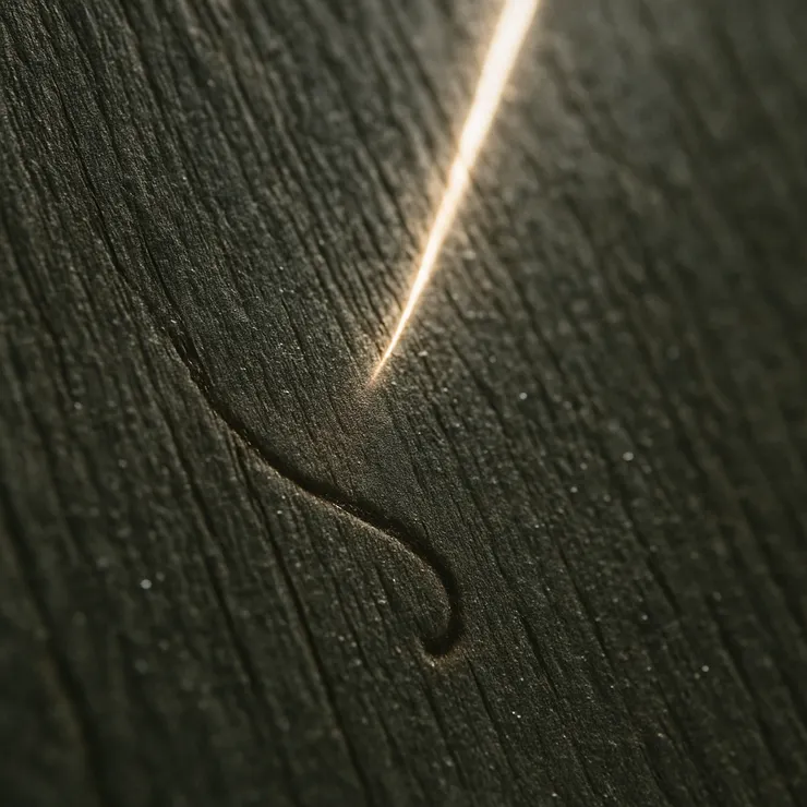 木門內側刻痕末端的微小弧點與一道細光對位 ，像釦子正被輕輕扣上。鹽霜與木纖維在斜光裡微微發亮。