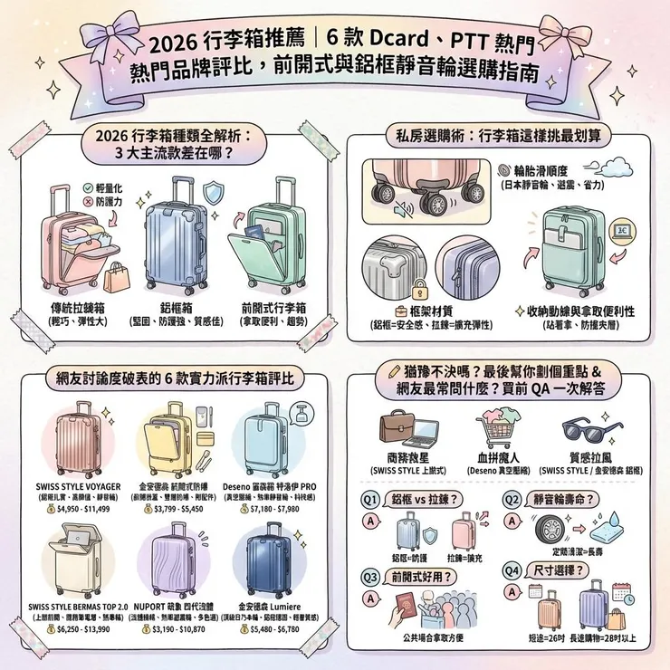 2026 行李箱推薦｜6 款 Dcard、PTT 熱門品牌評比，前開式與鋁框靜音輪選購指南