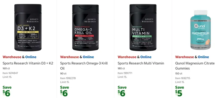 維他命D3 + K2 160錠裝$26.99、Omega-3 磷蝦油90錠裝$29.99、綜合維他命180錠裝$28.99、Qunol 鎂加強劑軟糖150顆裝$18.99。