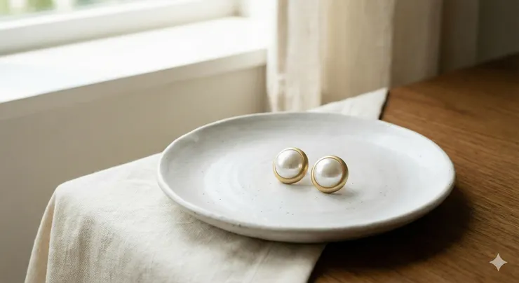 珍珠耳環+白色陶瓷盤+自然光+簡約乾淨