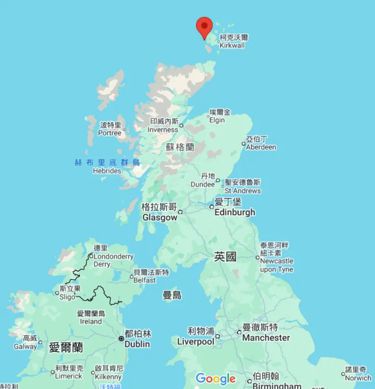 奧克尼群島在最上面。圖片來源：Google Map