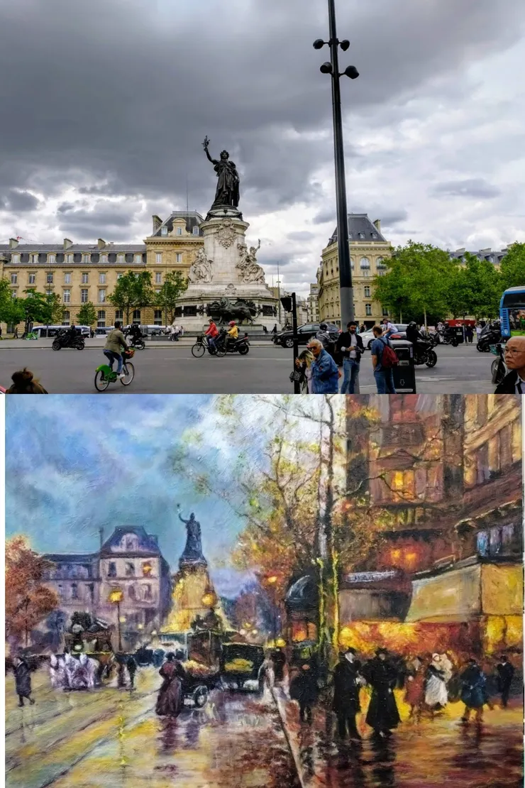 一百年的距離。上圖:2024.05.17我於英法獨旅中拍攝;下圖:我臨摹Edouard Cortès的畫作Place de la République