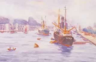 倪蔣懷〈進港的輪船〉的視角與洋樓位置相近(圖片來源：文化部國家文化記憶庫)