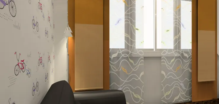 客廳的窗戶配了落地窗簾，帶有華麗的浪漫感覺。