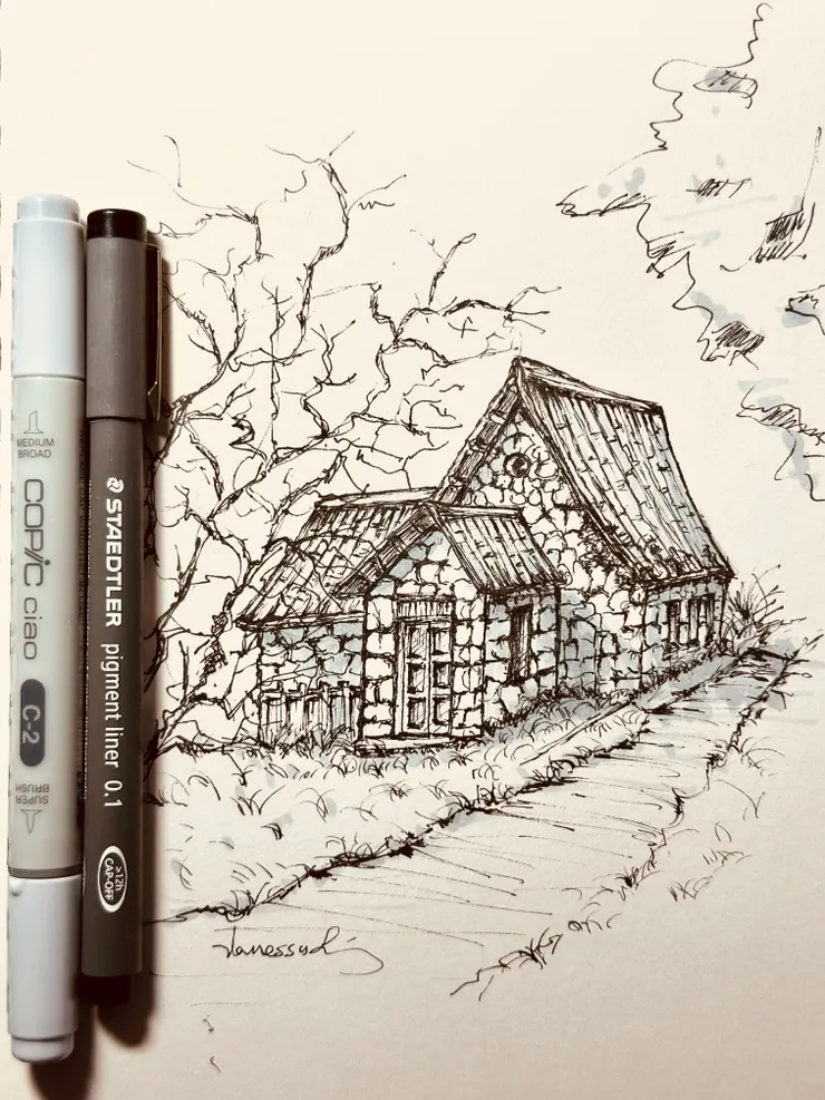 歐風房屋/黑色代針筆，灰藍色麥克筆