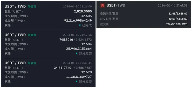 BitoPro 買進紀錄(左) vs ACE 賣出紀錄(右)