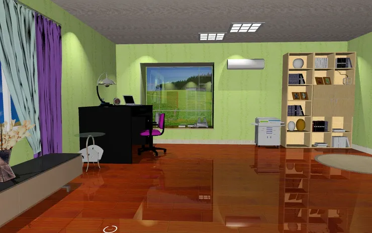 我覺得這種青綠色的壁紙真的很清新，書房是工作的地方，當然要夠醒神。