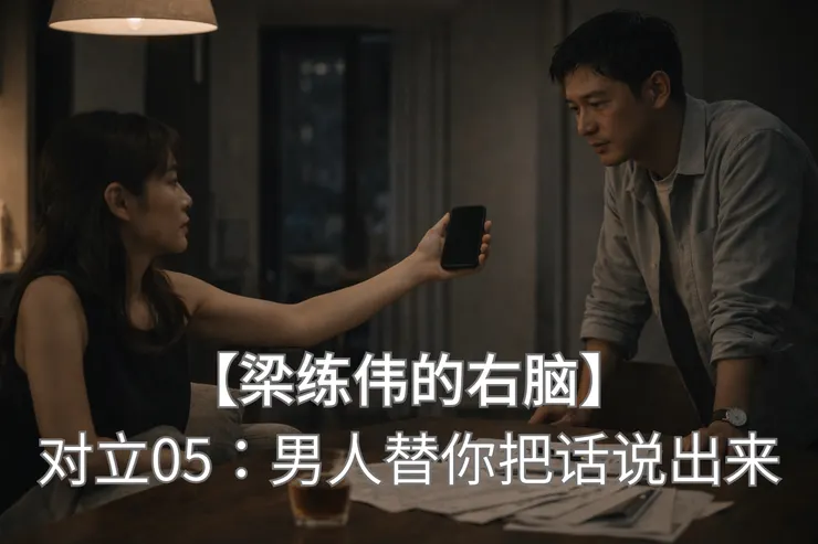 白小姐在餐桌前把手机转向梁练伟