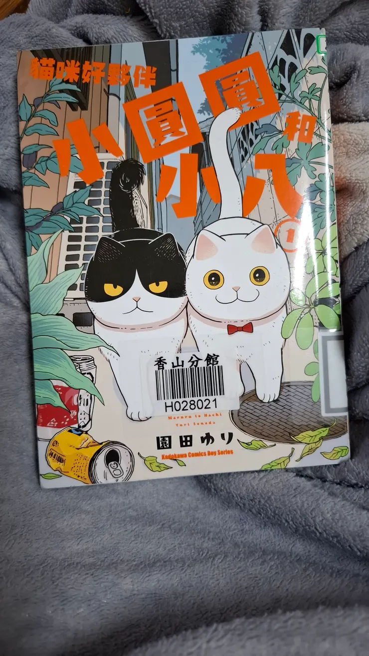 圓圓和小八，封面左邊的賓士是小八，右邊的白貓是圓圓。畫面前方有個空鋁罐垃圾，這類金屬垃圾，常常是導致遊蕩貓狗受傷甚至死亡的隱憂之一。