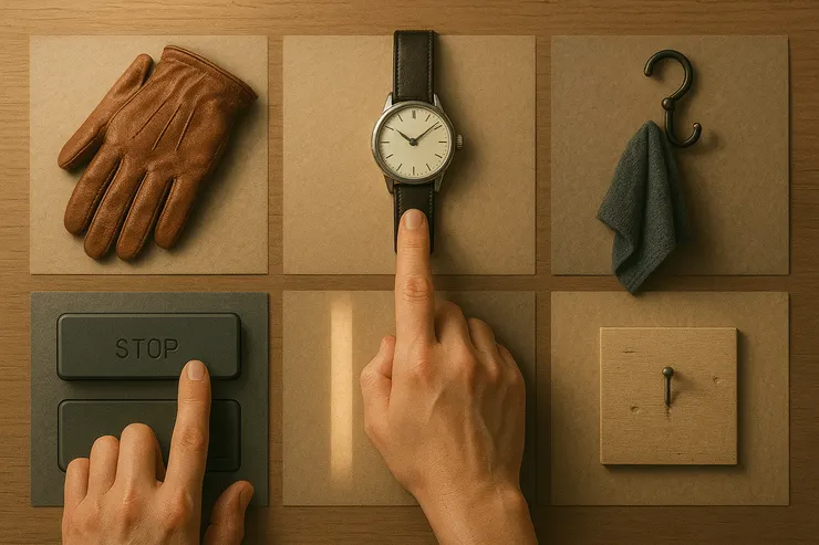 六件物簡潔排布，以手勢示範「放回去」。