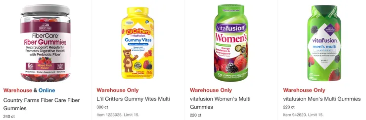 左起折扣後價格：高纖酵素軟糖 $19.99、綜合維他命軟糖 $10.99、綜合維他命（男、女）軟糖 $10.49。