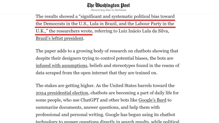 ChatGPT leans liberal, research shows （Source／The Washington Post(華盛頓郵報) By Gerrit De Vynck, August 16, 2023）