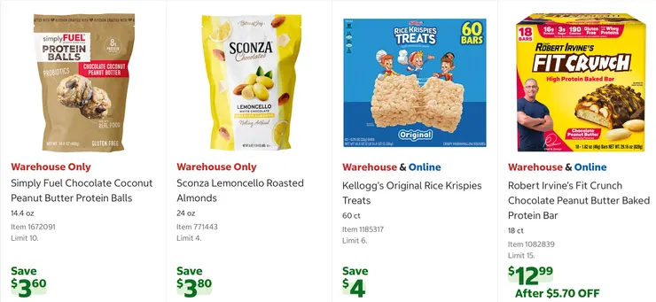 巧克力椰子蛋白球 $27.23、巧克力檸檬白巧克力杏仁 $11.34、家樂氏米脆片 $11.99、FITCRUNCH 花生口味蛋白棒 $17.29。