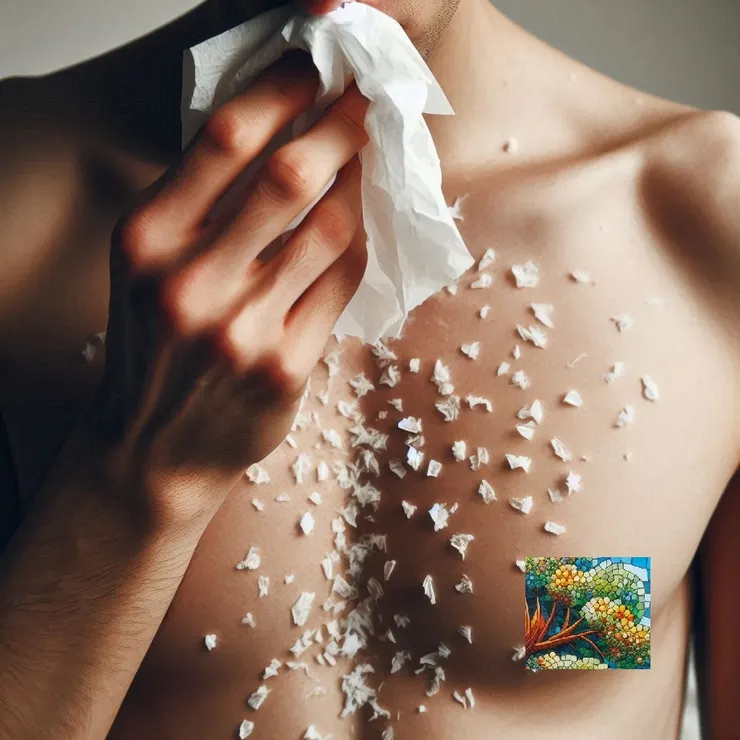 用衛生紙擤鼻涕，擤到低頭一看，胸前衣服上，佈滿雪花的衛生紙屑屑的圖（Copilot生圖）我還得幫他馬賽克