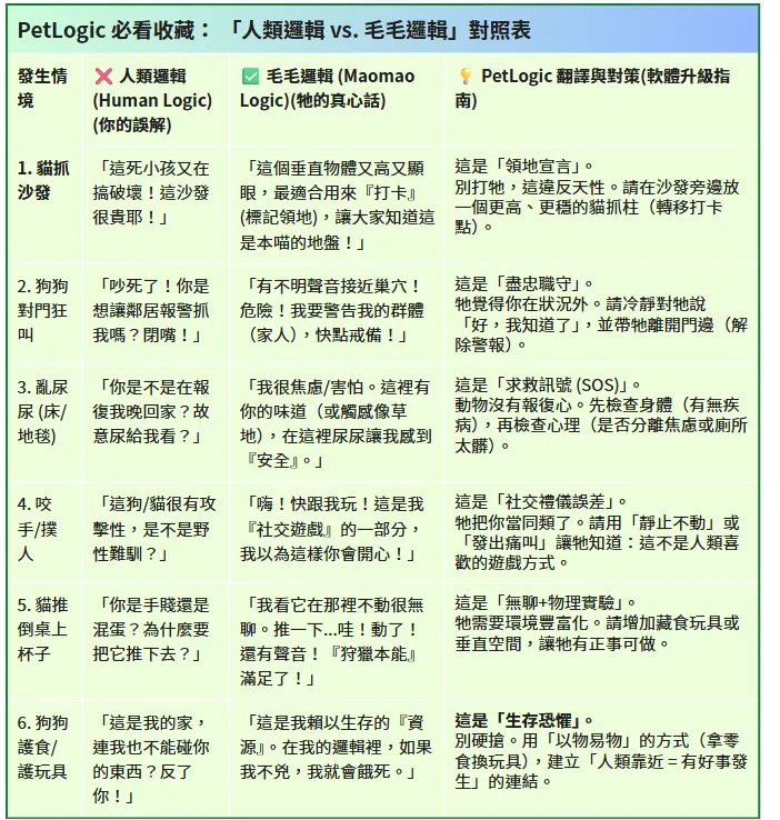 毛毛邏輯PetLogic 必看收藏: 「人類邏輯 vs. 毛毛邏輯」對照表