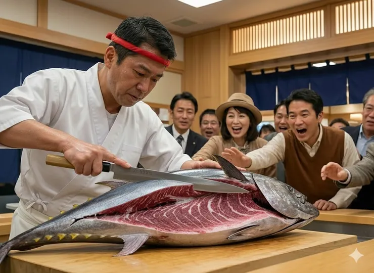 日本人搶購新鮮黑鮪魚的場景