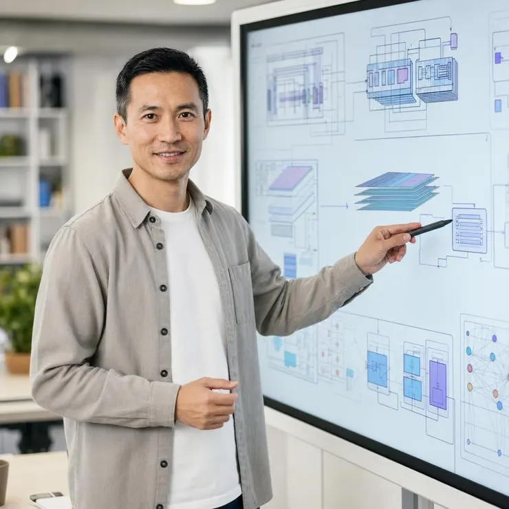 梁练伟在白板前讲解AI PC的NPU技术与软件生态发展趋势。