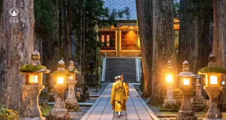 兩位僧侶步行於高野山奧之院石燈籠夾道的古道上