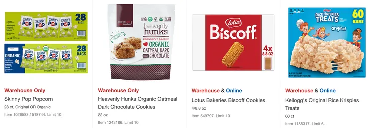 低卡爆米花$14.61,有機燕麥巧克力餅$7.93,蓮花餅乾$6.99,家樂氏棉花糖爆米花點心$11.99。