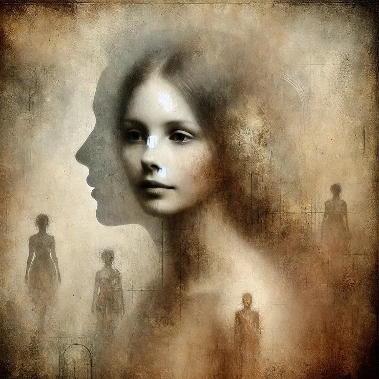 As she steps through, she senses the weight of past emotions - anger, love, regret - all tangled in the strokes of a face that is as much an impression as it is an individual.