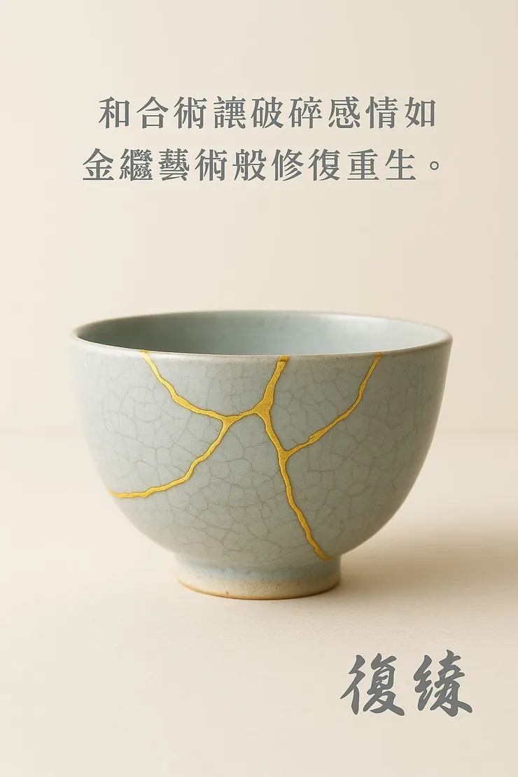 「一對夫妻正在面對婚姻冷戰問題，圖片象徵透過和合術讓破碎感情如金繼藝術般修復重生。」