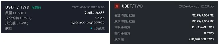 BitoPro 買進紀錄(左) vs ACE 賣出紀錄(右)