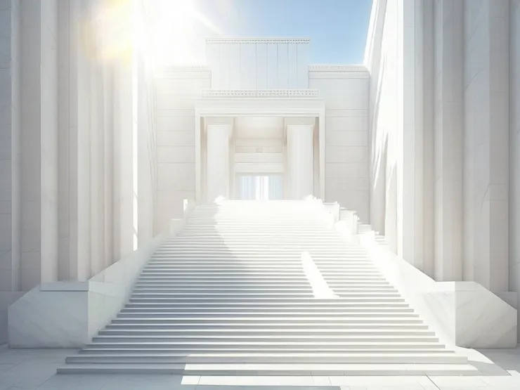 正對著一座很高的白色建築，門前有著很長很高的階梯。被喜樂、安詳與溫暖的光線包圍 (AI繪圖：Recraft AI)