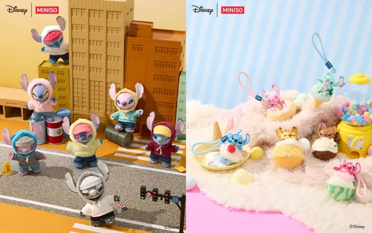 圖說：開幕限定療癒驚喜！左為1月31日「街頭風搪膠毛絨系列」，右為2月1日接力「史迪奇美食搪膠香氛系列」，數量有限，不限金額消費即贈。（資料來源：MINISO）