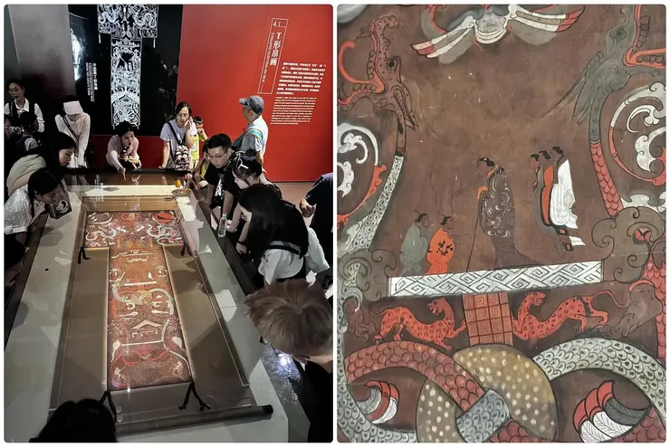 辛追內棺的Ｔ形彩繪帛畫，中段所繪（應是）辛追「拄著拐杖、略駝著背」的形貌。／作家褚士瑩FB