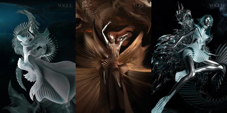 余一萌為《Vogue》新加坡版獨家創作的虛擬服飾設計——曲率(Curvature)、涅槃(Nirvana)和重生(Rebirth)。Credit: Vogue Singapore