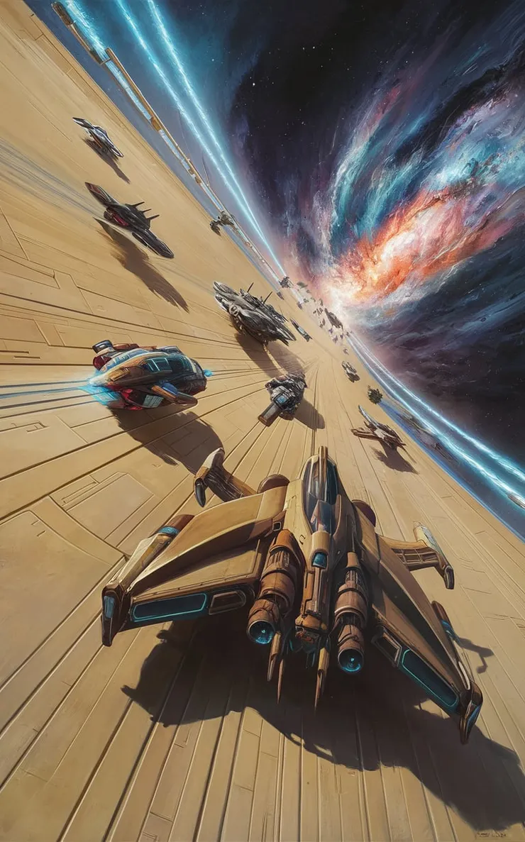 A captivating and vivid futuristic painting depicting a beige racing spaceroad that stretches into the horizon. Advanced spaceships of various shapes and sizes zoom along this cosmic highway, leaving a trail of neon-blue light. The background features a breathtaking view of a distant galaxy with swirling stars and a vibrant, colorful nebula. The overall atmosphere of the painting is dynamic, fast-paced, and full of adrenaline., painting, poster