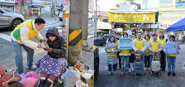 新天地志工服務團於2026年1月24日在議政府第一市場向民眾發送暖暖包。(照片提供：新天地志工服務團）